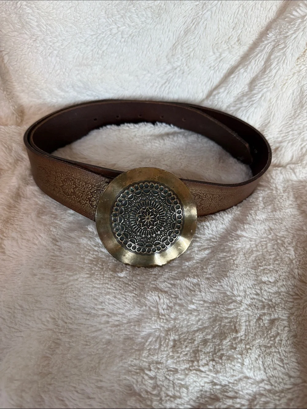 Italian Leather Embossed Floral Belt with Large Round Mandala Buckle Brown S 38